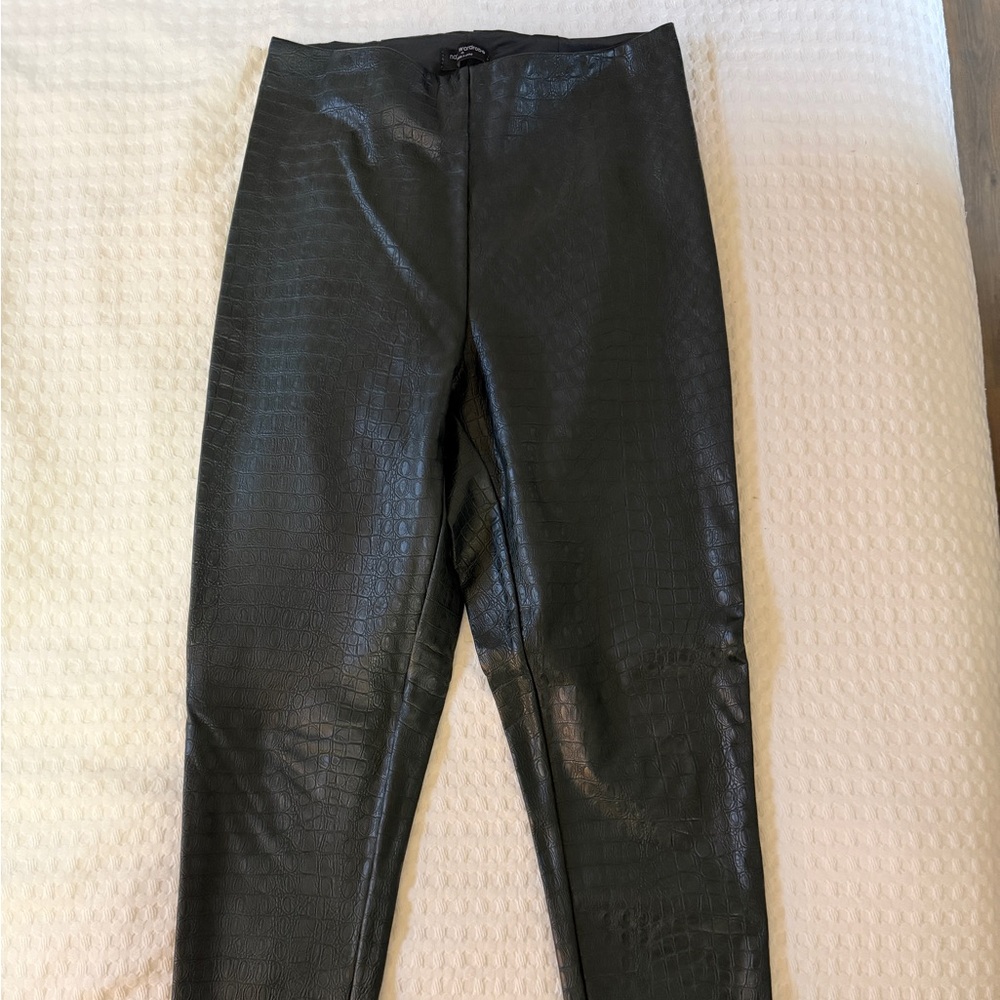 NAKED WARDROBE 
Dark Green Croc-Embossed Faux Leather Pants